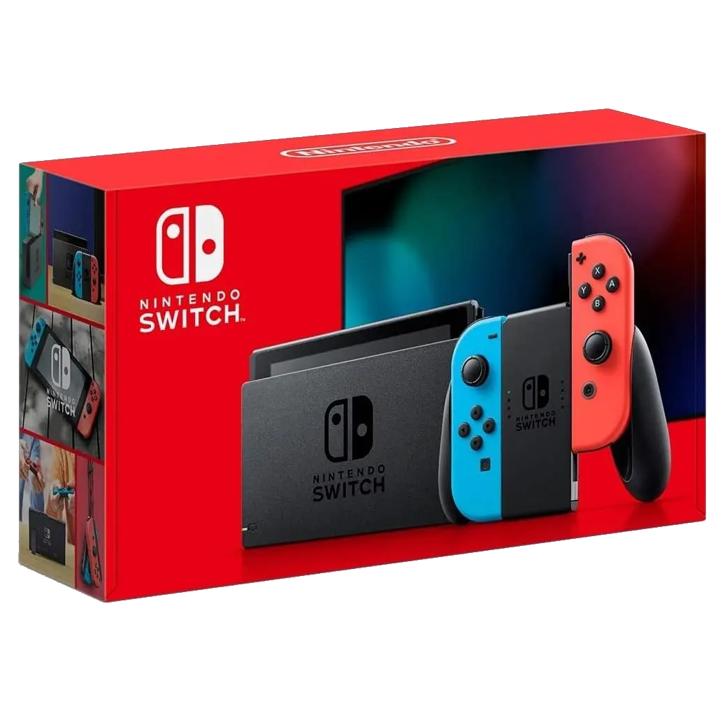 Nintendo Switch: Một chiếc máy chơi game Nintendo Switch màu neon xanh và đỏ với Joy-Cons được gắn ở hai bên