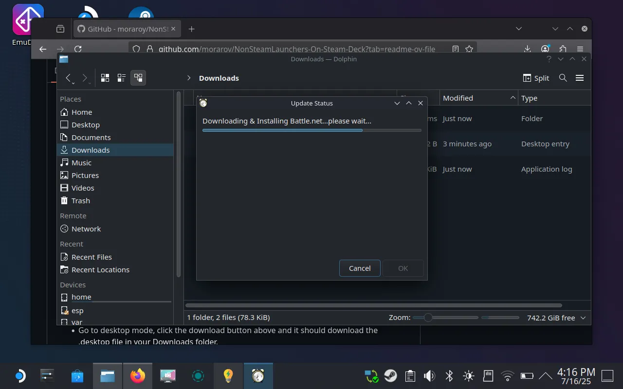 NonSteamLaunchers đang tải và cài đặt ứng dụng Battle.net cho Steam Deck