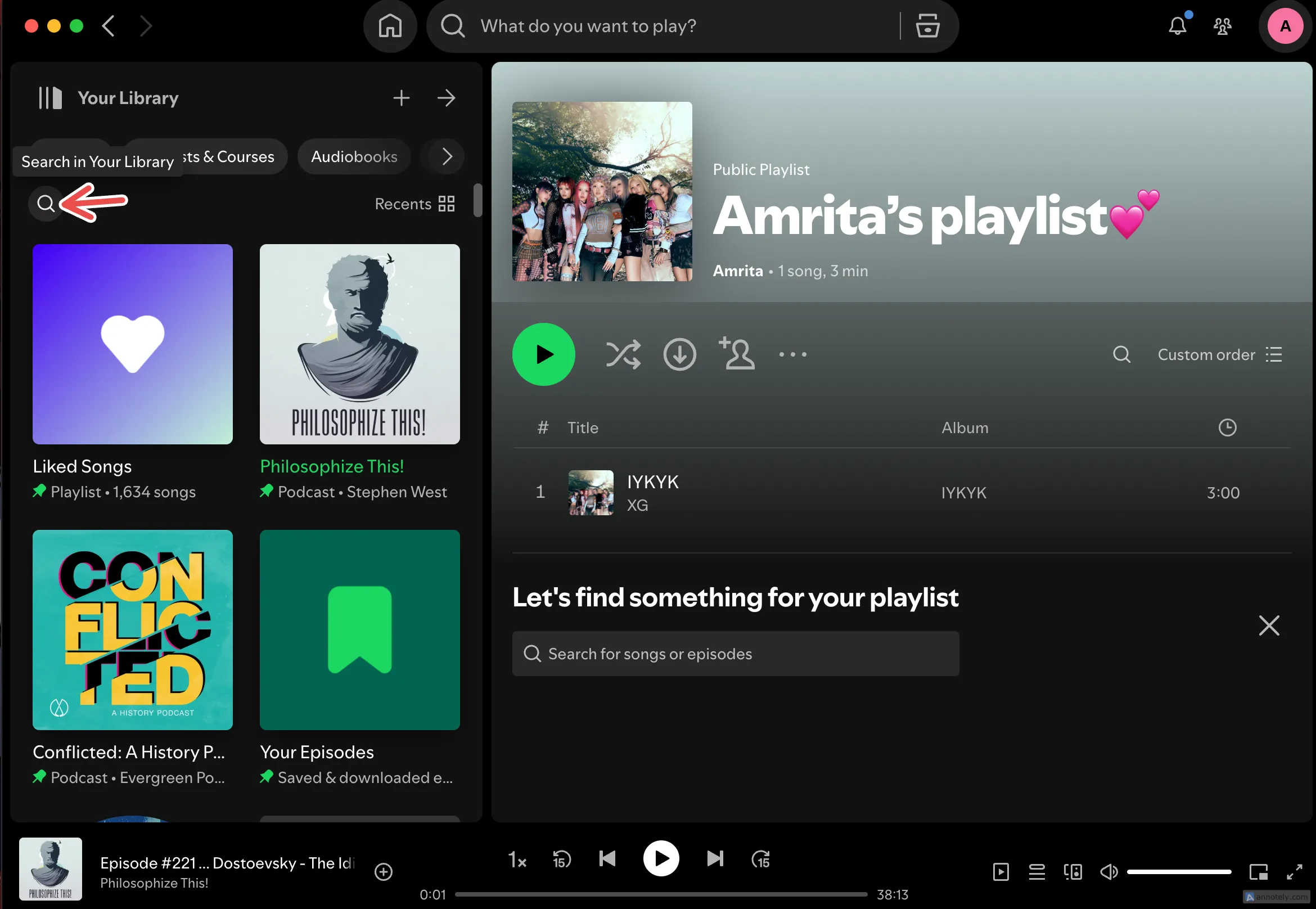 Nút tìm kiếm trong thư viện của Spotify, gợi ý việc tạo playlist trên máy tính sẽ hiệu quả hơn để tăng năng suất.