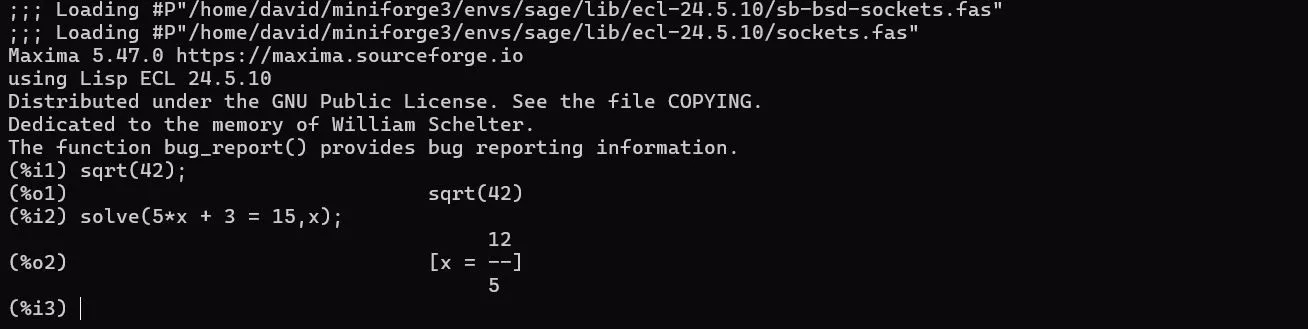 Phiên làm việc với Maxima, hệ thống đại số máy tính, trên terminal Linux