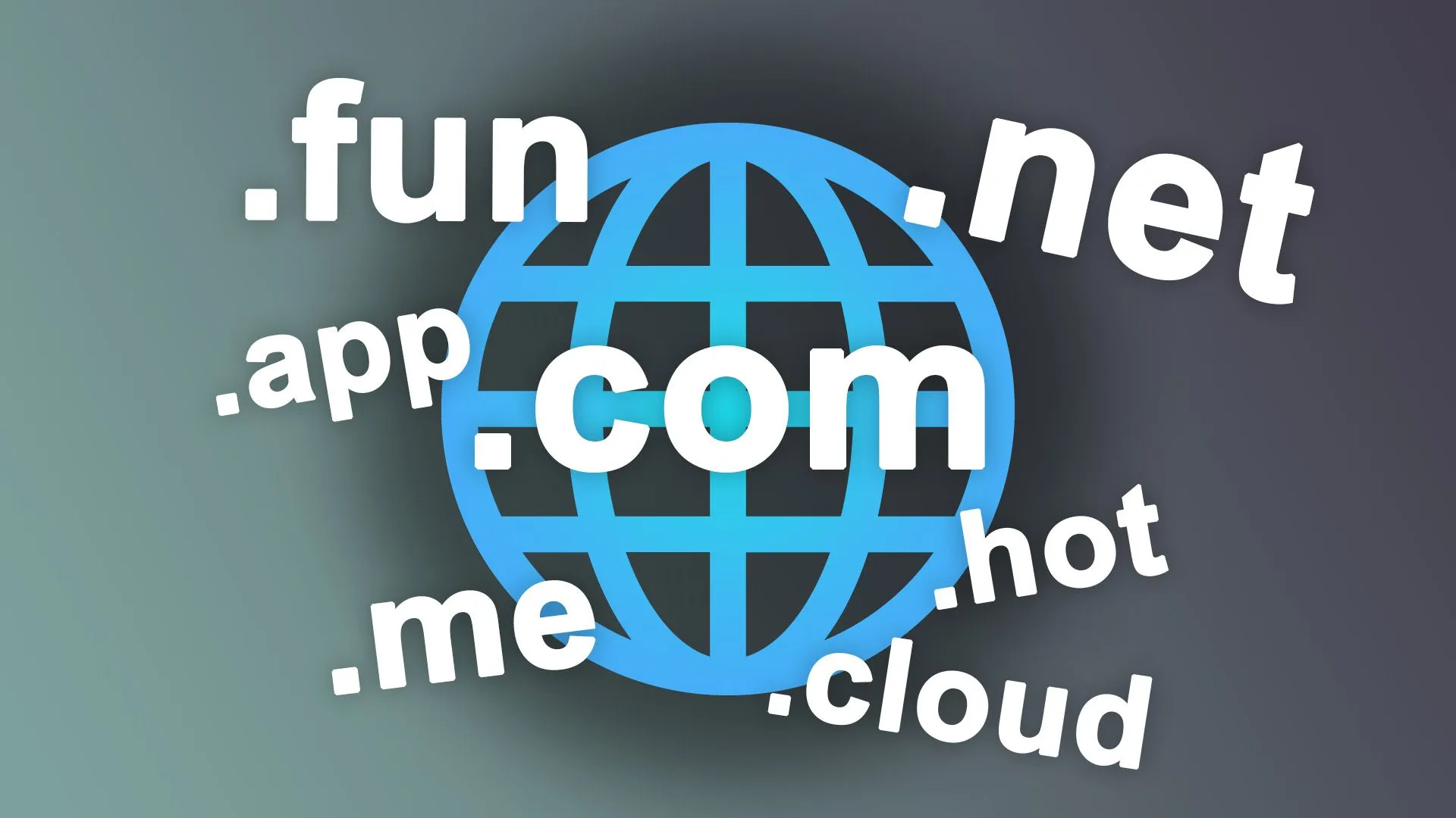 Quả cầu xanh với các đuôi tên miền phổ biến như .com, .net, .fun, .cloud, tượng trưng cho việc mua tên miền để sử dụng cục bộ hoặc toàn cầu.