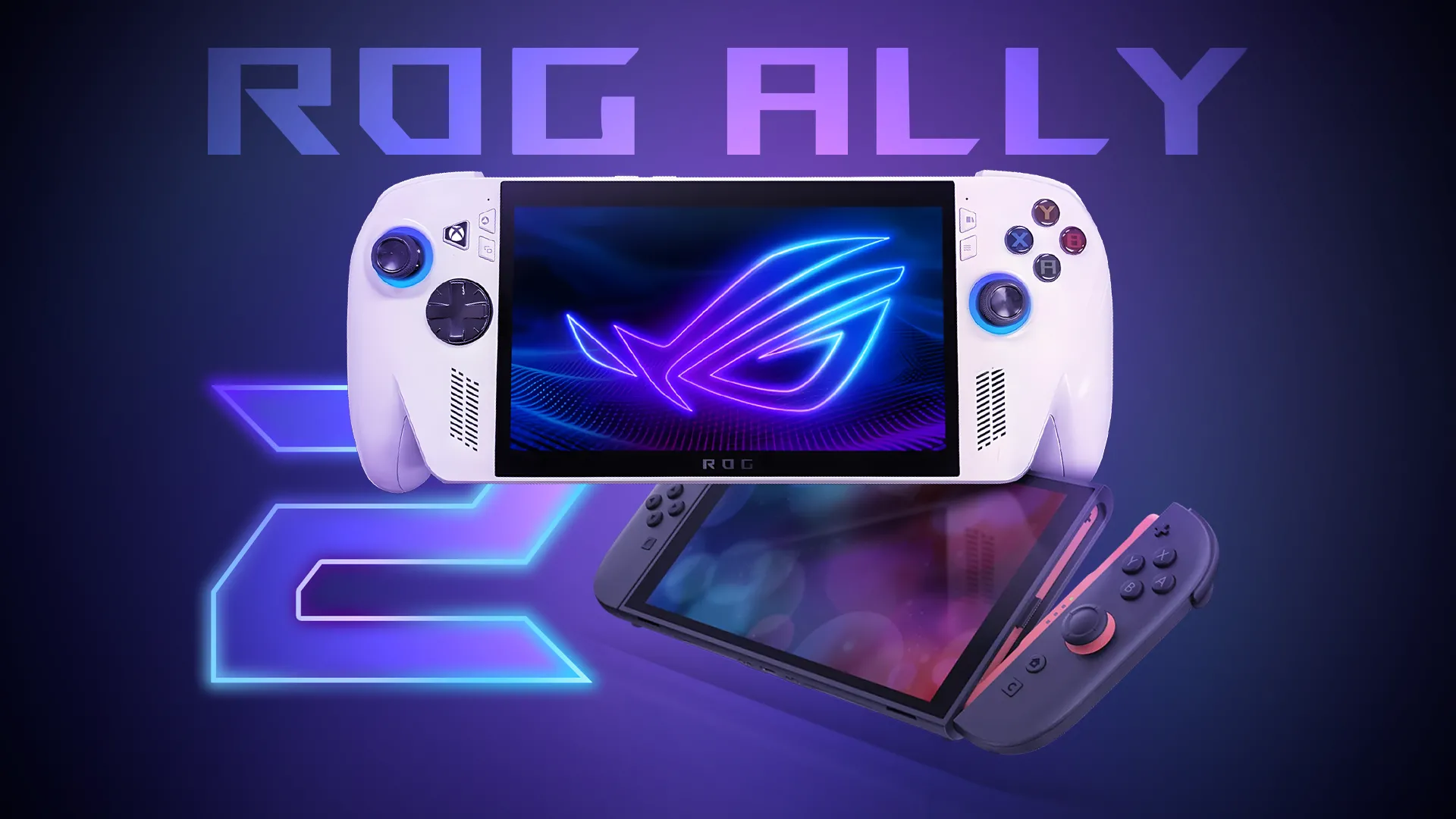 ROG Ally 2 và Nintendo Switch 2 đặt cạnh nhau trên nền gradient tương lai, thể hiện sự cạnh tranh và đa dạng trong phân khúc máy chơi game cầm tay.