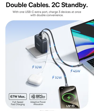 Sạc Baseus EnerCore CJ11 đang sạc đồng thời nhiều thiết bị qua các cổng USB-C