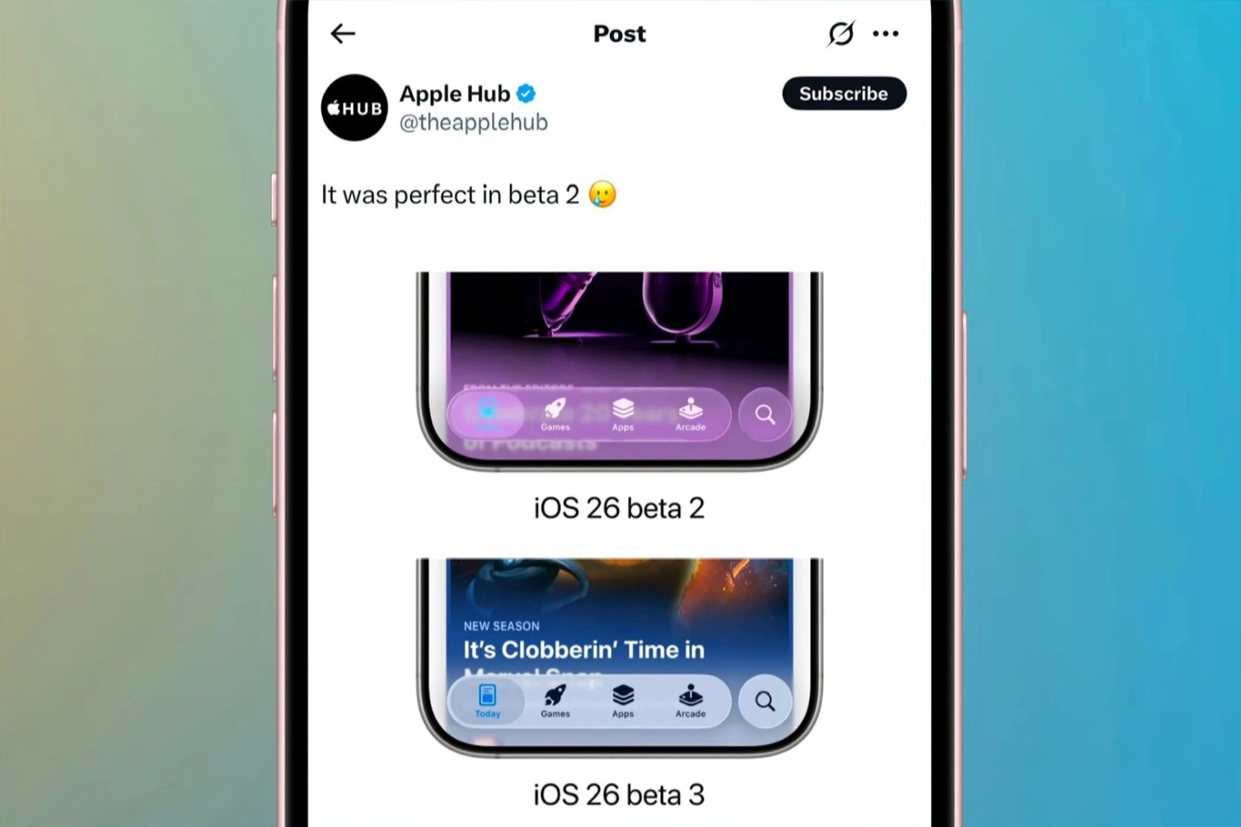 So sánh hiệu ứng Liquid Glass trên iOS 26 giữa bản beta 2 và beta 3, cho thấy độ mờ khác nhau.