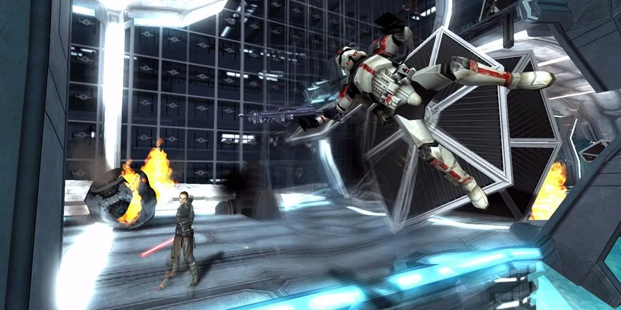 Starkiller sử dụng Thần Lực để khống chế một Stormtrooper trong Star Wars: The Force Unleashed, minh họa sức mạnh phi thường của Jedi/Sith.