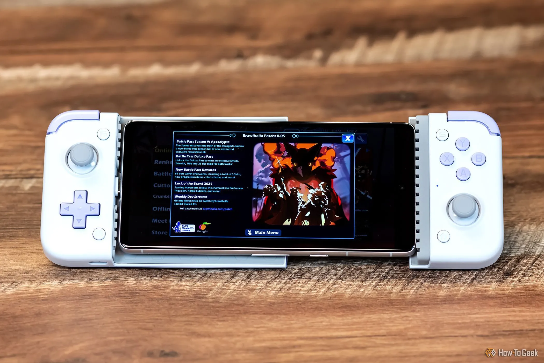 Tay cầm chơi game GameSir X2s Type-C kết nối với điện thoại đang chơi game đối kháng Brawhalla