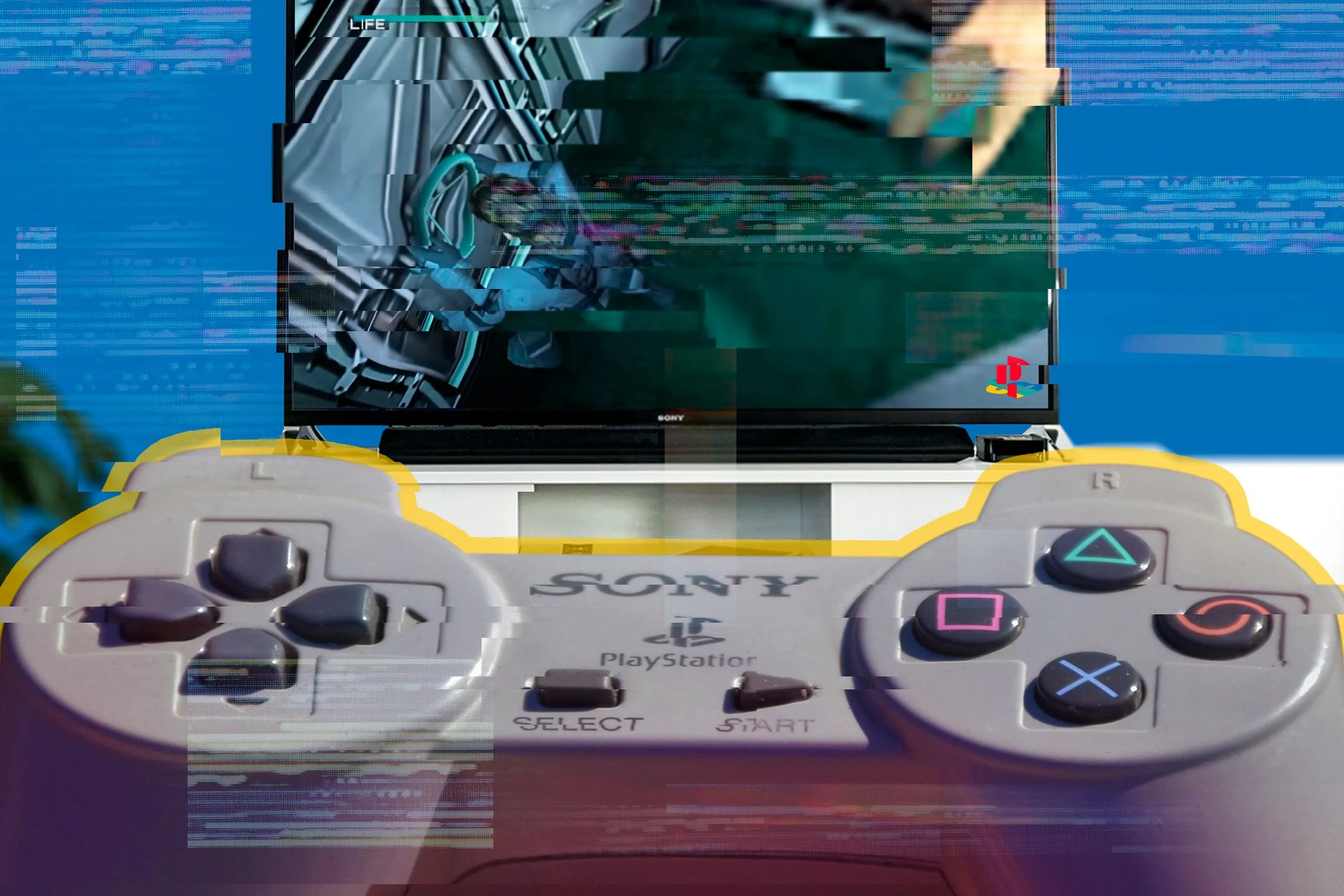 Tay cầm PlayStation 1 và màn hình chơi Metal Gear Solid, minh họa đồ họa cổ điển mà Path of Fury mô phỏng trong VR