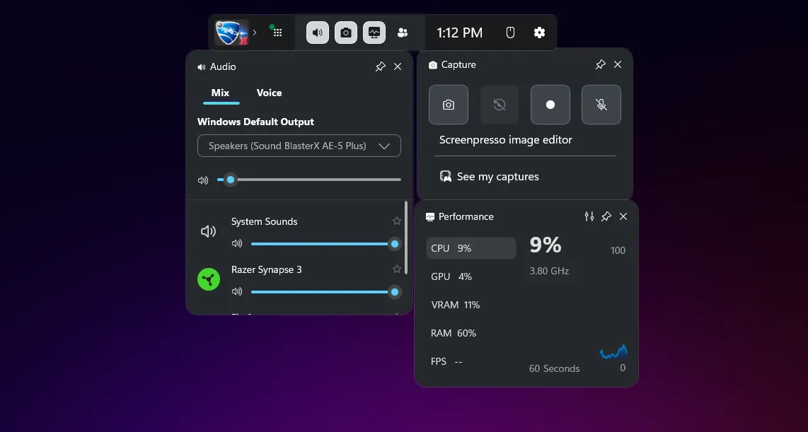 Thanh Game Bar trên Windows 11 với các tùy chọn ghi hình, âm thanh và chụp màn hình