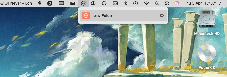 Thanh menu macOS với biểu tượng Phím tắt (Shortcuts) đang mở, hiển thị menu bao gồm phím tắt &quot;New Folder&quot; (Tạo thư mục mới).