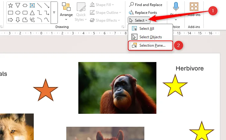 Thao tác chọn &quot;Selection Pane&quot; từ menu &quot;Select&quot; trong tab Home của PowerPoint