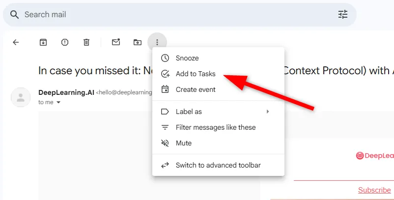 Thao tác thêm email từ Gmail vào Google Tasks thông qua menu ba chấm dọc.