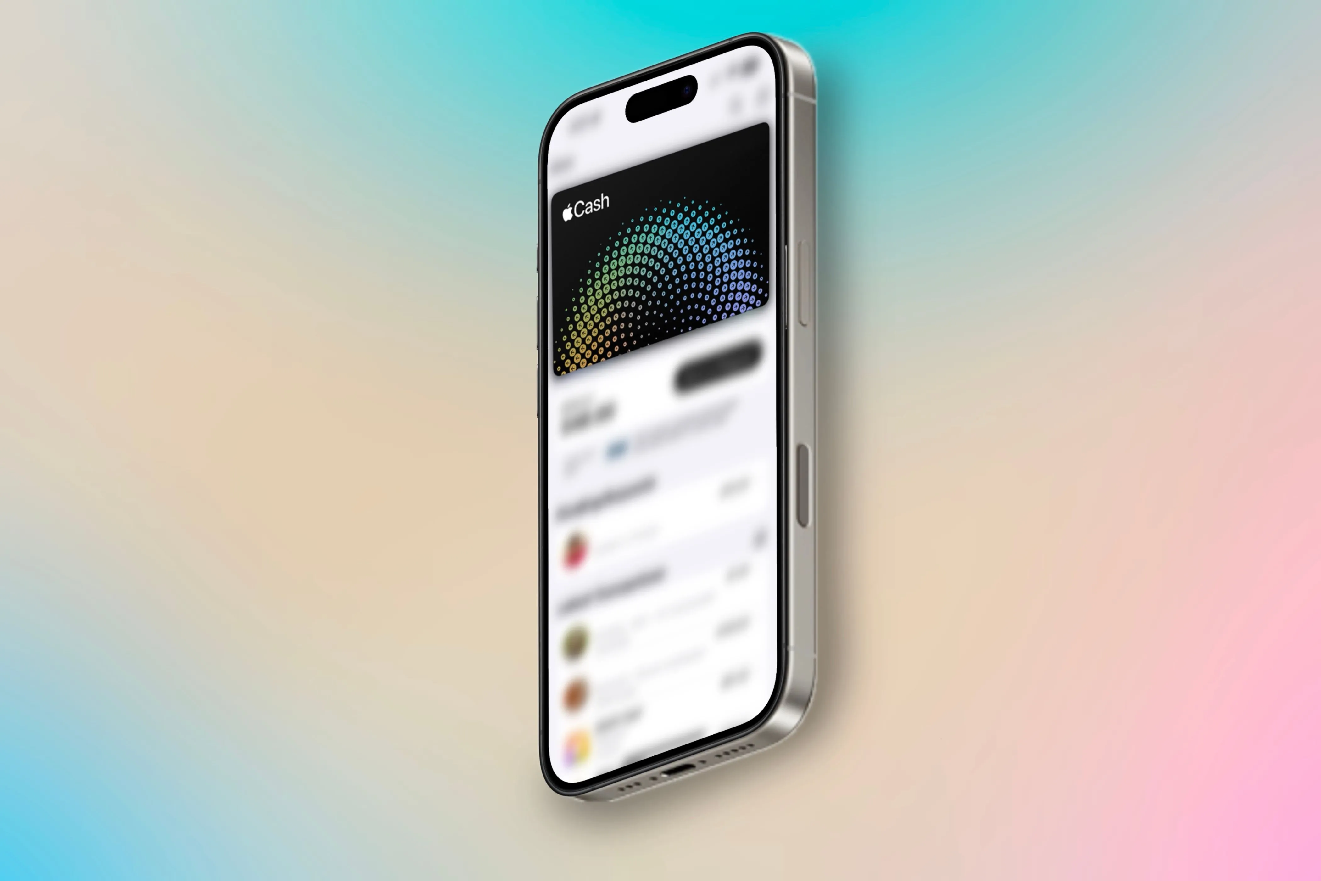 Thẻ Apple Cash hiển thị trong ứng dụng Ví trên iPhone, nổi bật trên nền màu sắc.