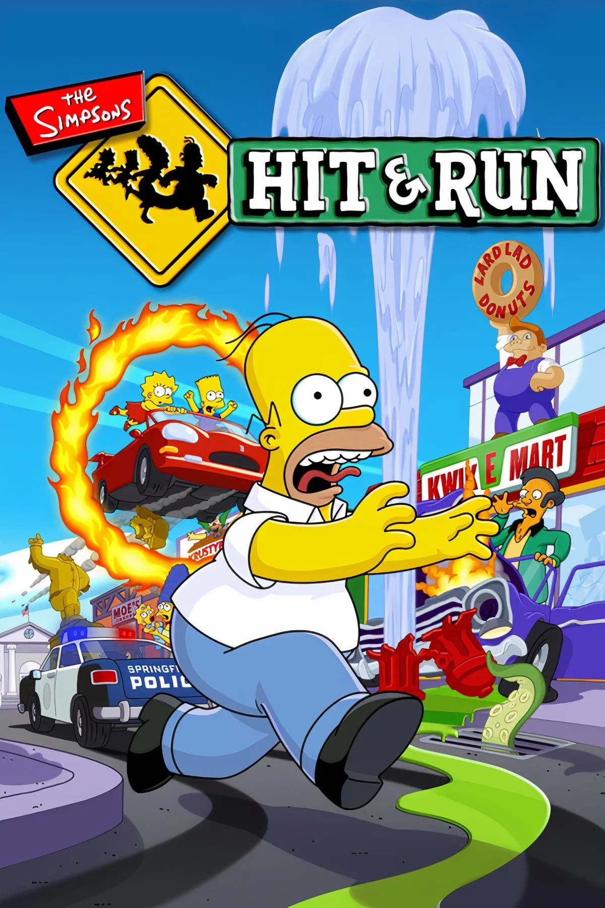 The Simpsons Hit &amp; Run cảnh nhân vật Homer Simpson lái xe taxi trong thành phố Springfield