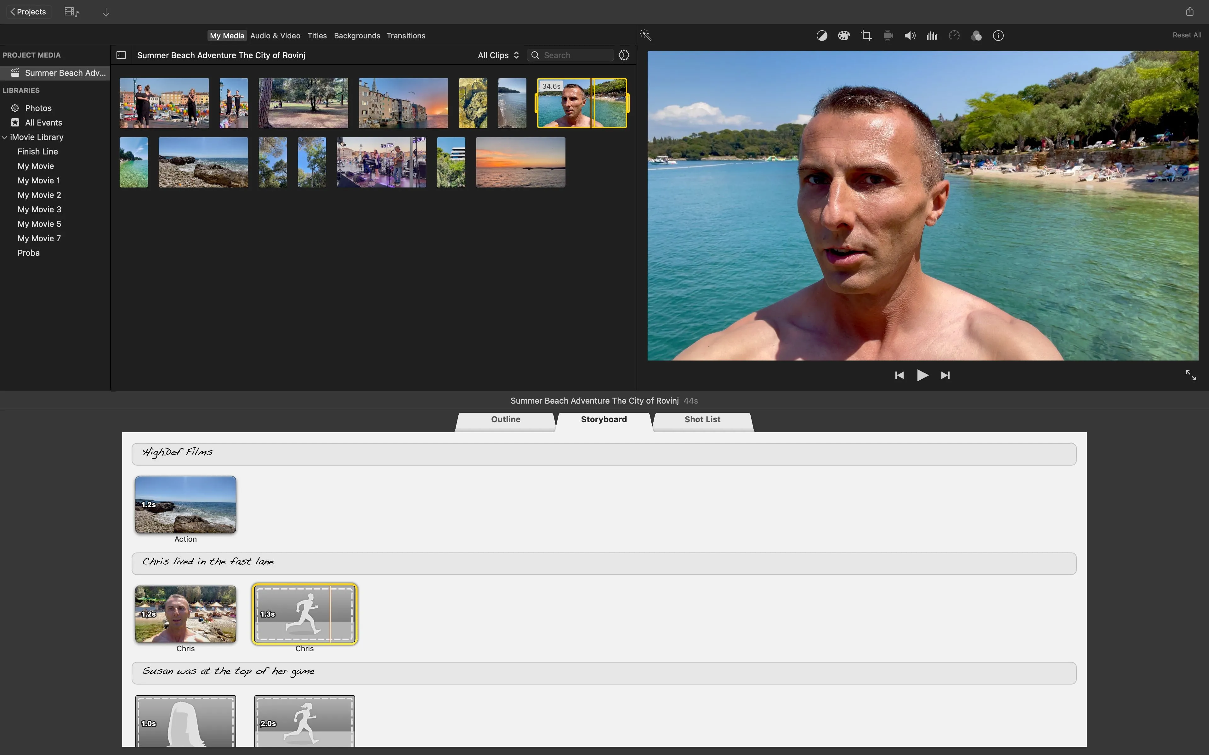 Thêm video vào vị trí giữ chỗ storyboard trong iMovie cho Mac bằng cách kéo và thả.