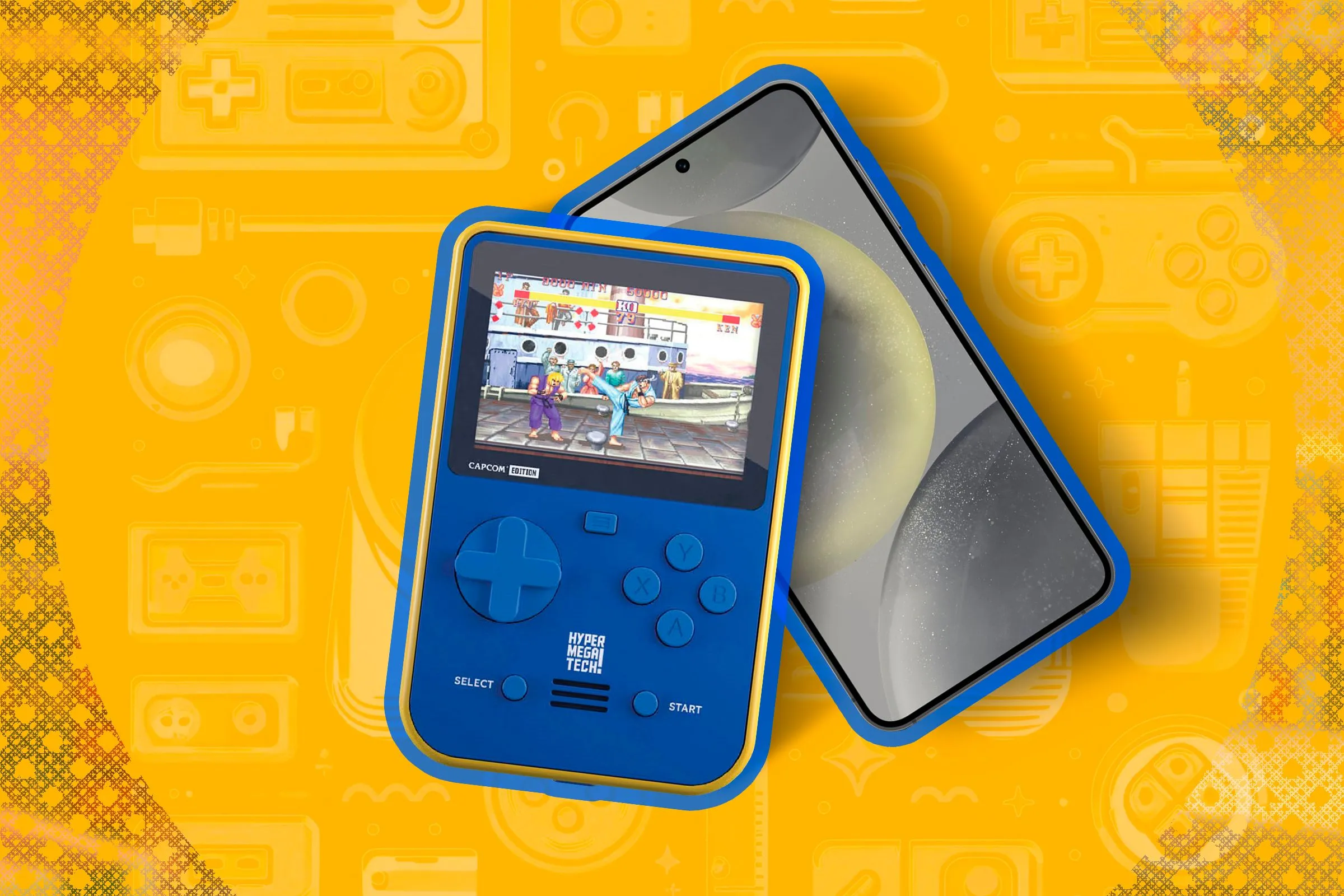 Thiết bị chơi game cầm tay retro với điện thoại bên dưới