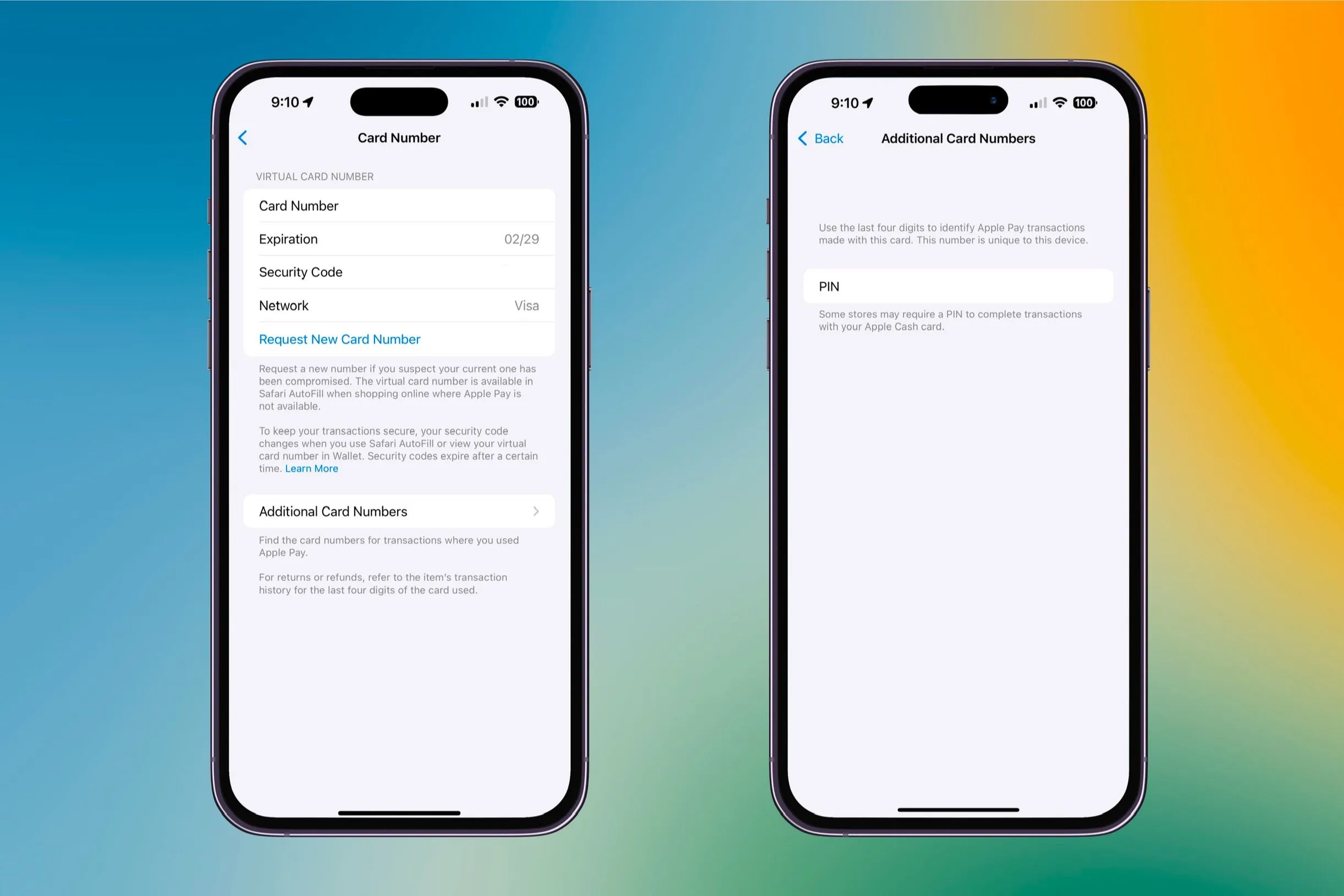 Thông tin thẻ kỹ thuật số của Apple Cash hiển thị trên màn hình iPhone, bao gồm số thẻ, ngày hết hạn và mã bảo mật.