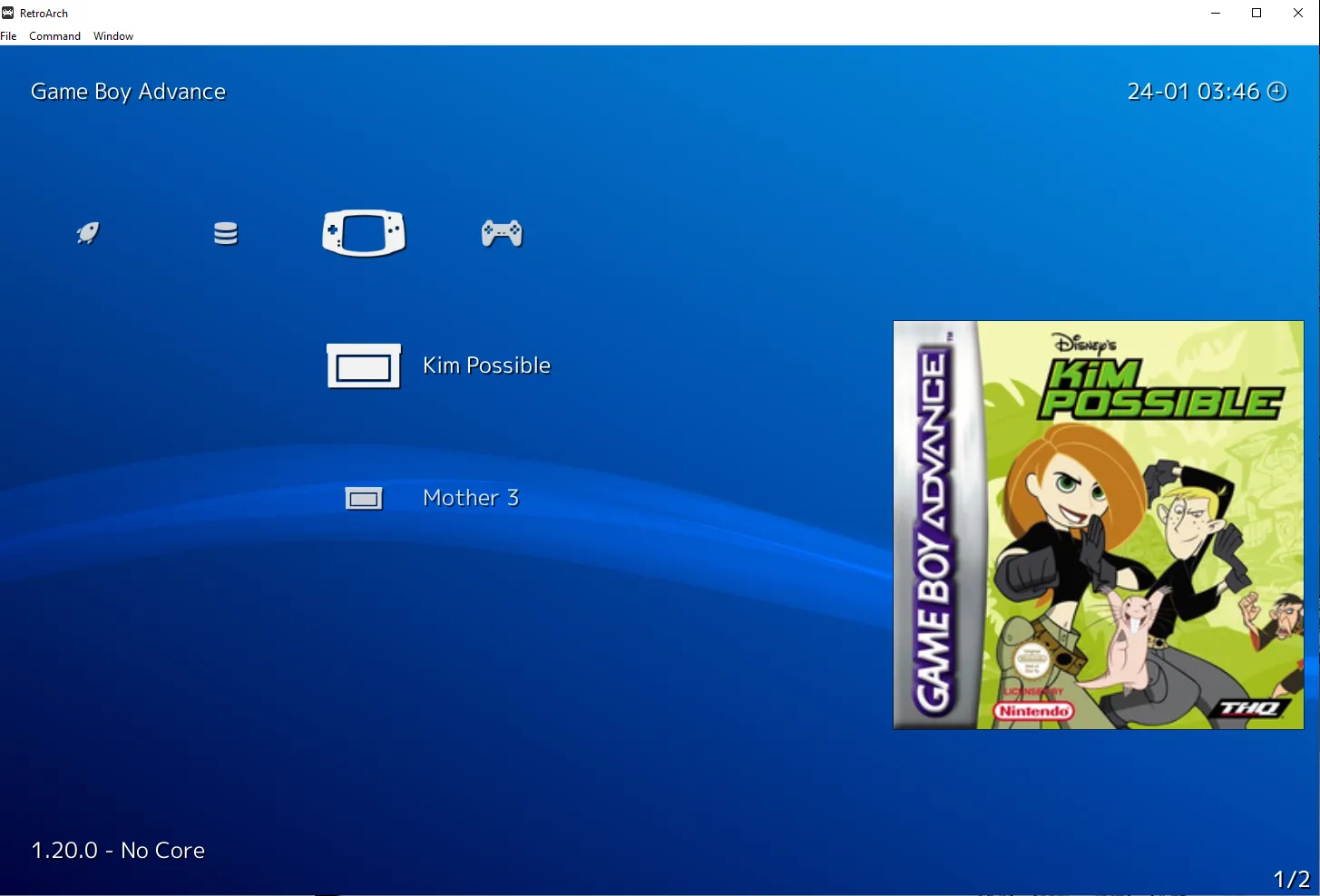 Thư viện game đã thêm trong RetroArch, với game Kim Possible được chọn