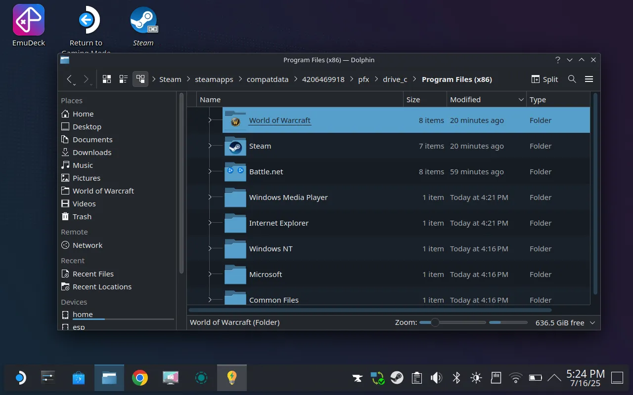 Tìm kiếm thư mục cài đặt World of Warcraft trong Dolphin File Manager trên Steam Deck