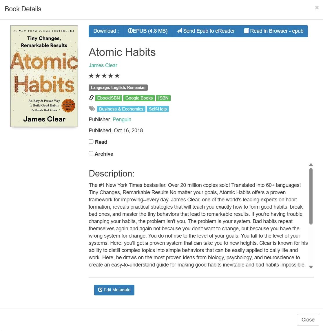 Tính năng Calibre Web Send EPUB to eReader được bật ở trên cùng