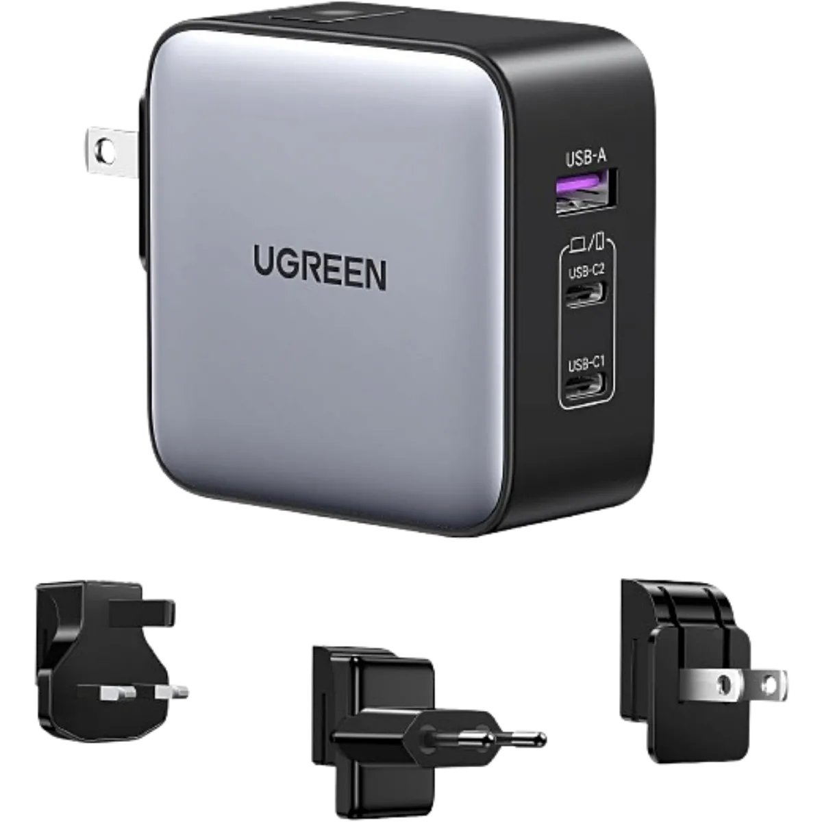 Tổng quan bộ sạc UGREEN Nexode 65W Travel Charger với các đầu cắm có thể thay thế.
