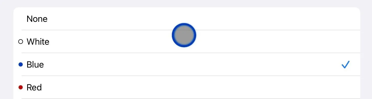 Tùy chọn bảng màu để thay đổi màu sắc con trỏ chuột của Virtual Trackpad trên iPad.