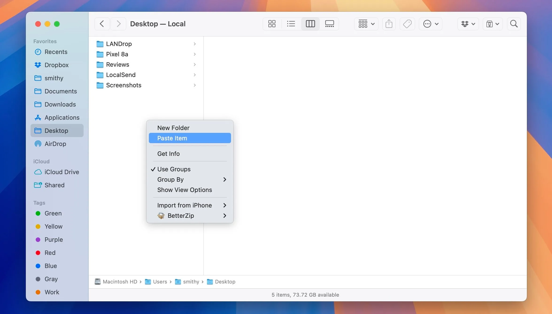 Tùy chọn &quot;Dán Mục&quot; trong Finder trên macOS, cho phép dán nội dung được sao chép từ iPhone nhờ Universal Clipboard.