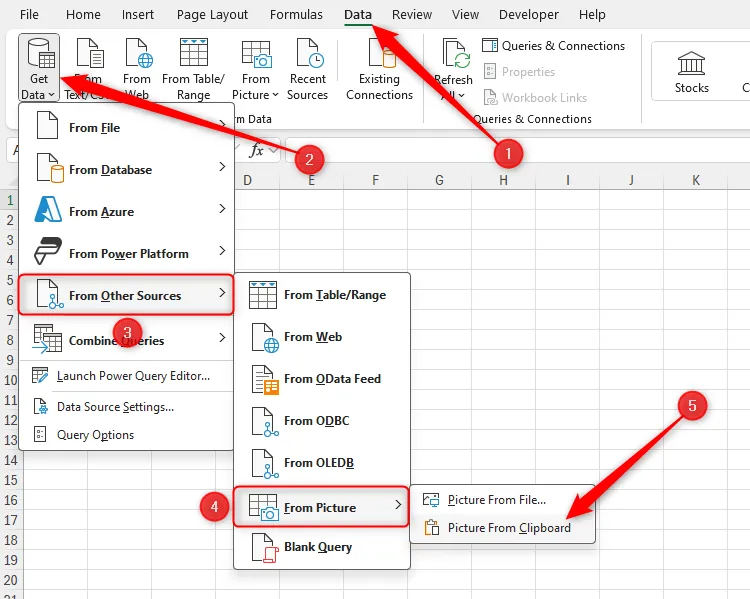 Tùy chọn Picture From Clipboard (Ảnh từ Bộ nhớ tạm) trong menu Get Data (Lấy dữ liệu) của Excel để nhập ảnh