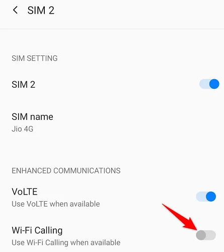 Tùy chọn tắt/bật tính năng gọi điện qua Wi-Fi trong cài đặt điện thoại Android.