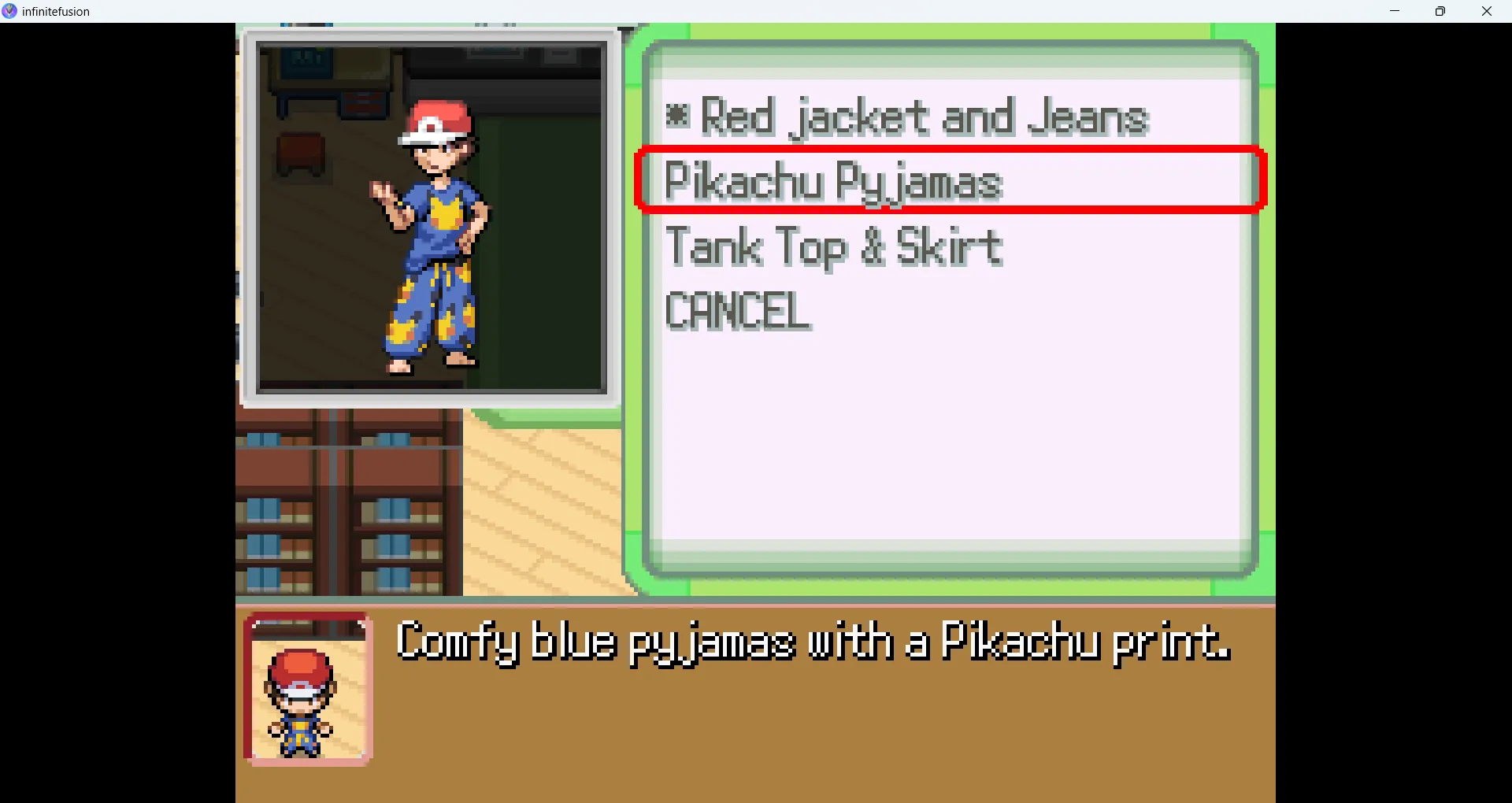Tùy chọn trang phục và ngoại hình nhân vật trong game Pokémon Infinite Fusion, mang đến sự cá nhân hóa cao.