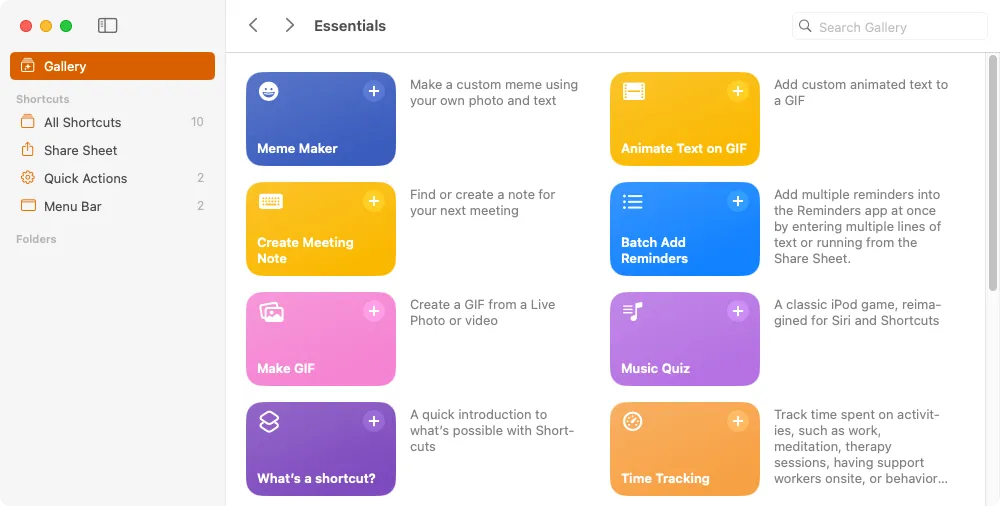 Ứng dụng Phím tắt (Shortcuts) trên macOS hiển thị bộ sưu tập các phím tắt có sẵn, bao gồm các ví dụ như tạo meme và ghi chú cuộc họp.