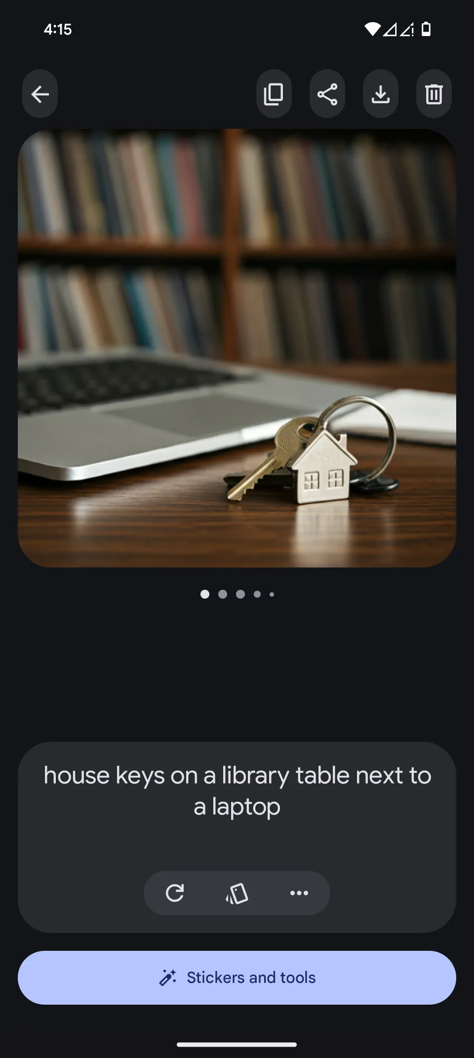 Ứng dụng Pixel Studio trên Android cố gắng tạo hình ảnh chìa khóa nhà bên cạnh máy tính xách tay, thể hiện chất lượng AI chưa hoàn hảo.