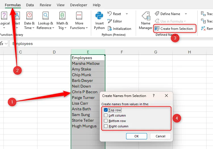 Vùng dữ liệu được chọn trong Excel với tùy chọn 'Top Row' được kích hoạt trong hộp thoại 'Create From Selection', cho phép tạo tên vùng tự động từ tiêu đề cột.