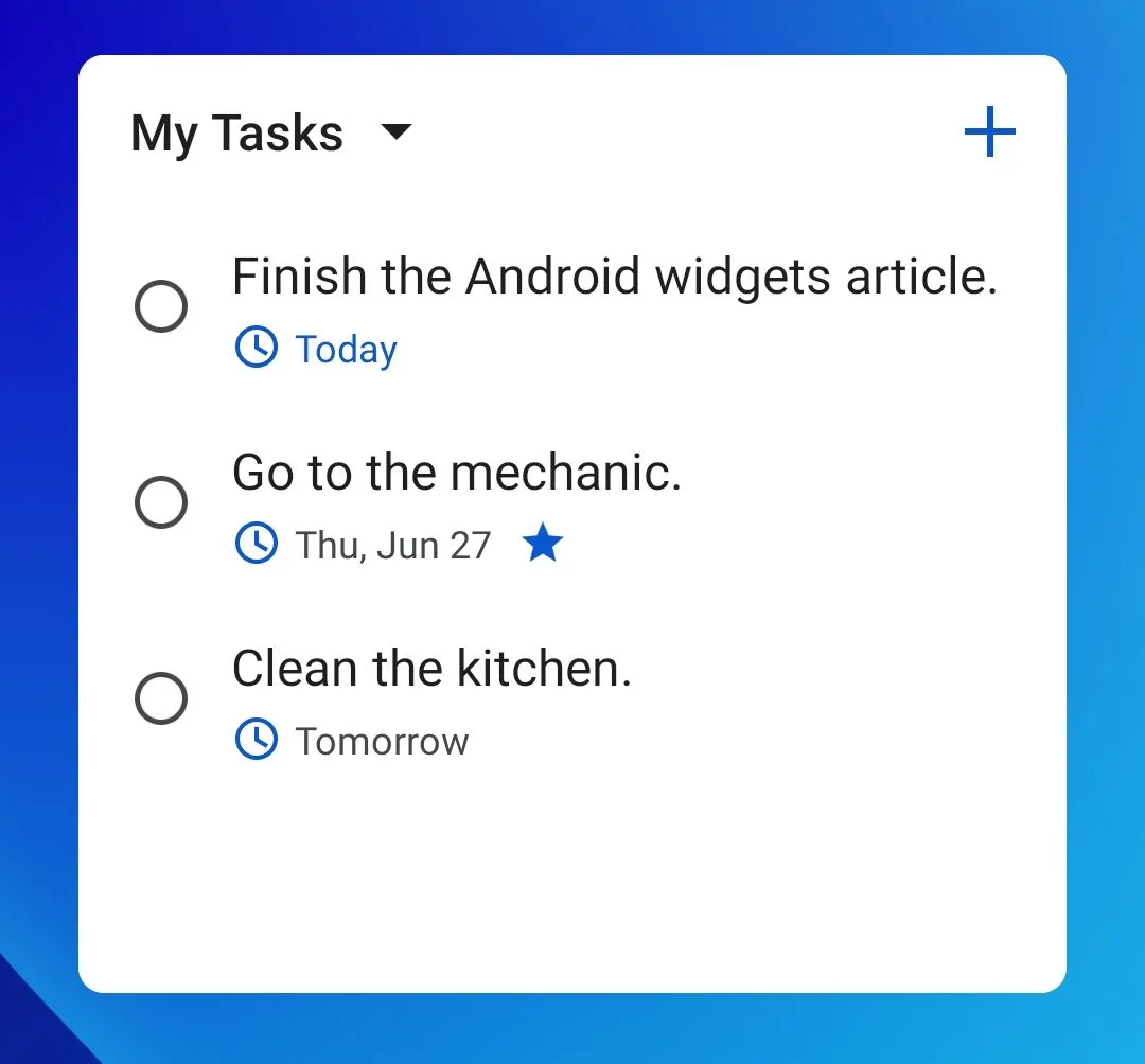 Widget Google Tasks hiển thị trực tiếp trên màn hình chính điện thoại, giúp truy cập nhanh các nhiệm vụ.