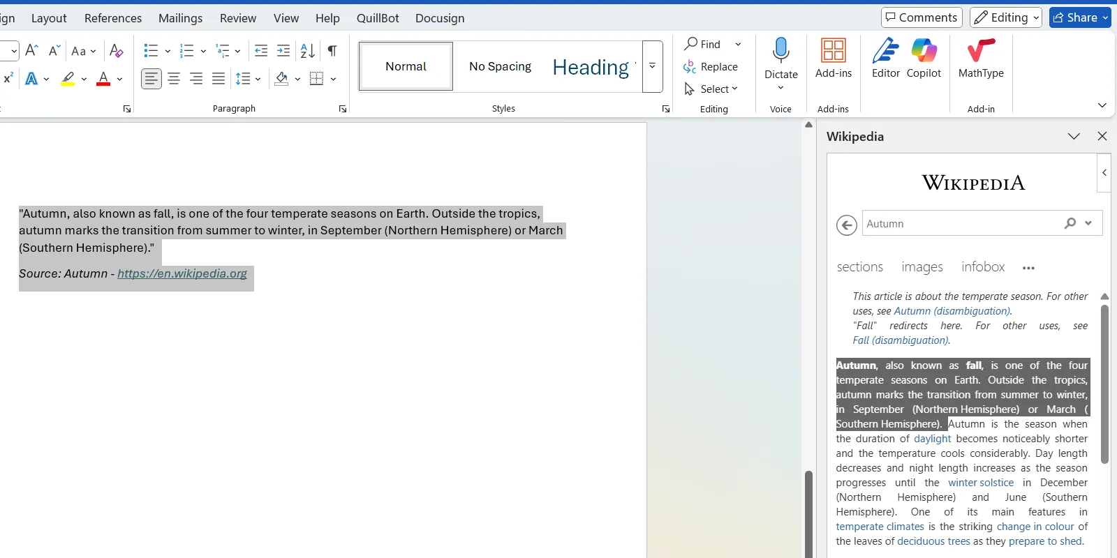 Add-in Wikipedia trên Word, hiển thị thông tin tra cứu từ bách khoa toàn thư trực tuyến để hỗ trợ viết nội dung.
