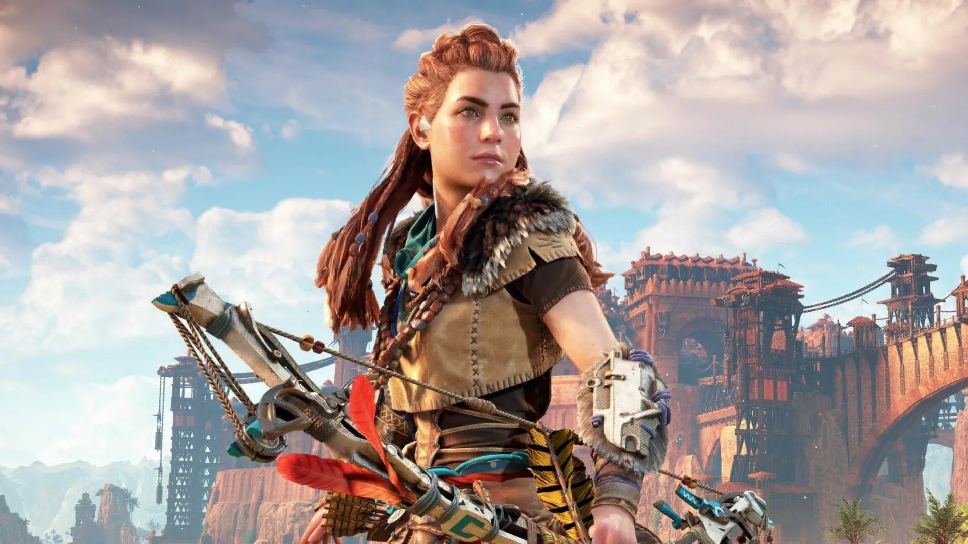 Aloy từ Horizon Zero Dawn với cây cung và trang phục đặc trưng, sẵn sàng chiến đấu trong bối cảnh thiên nhiên hoang dã.
