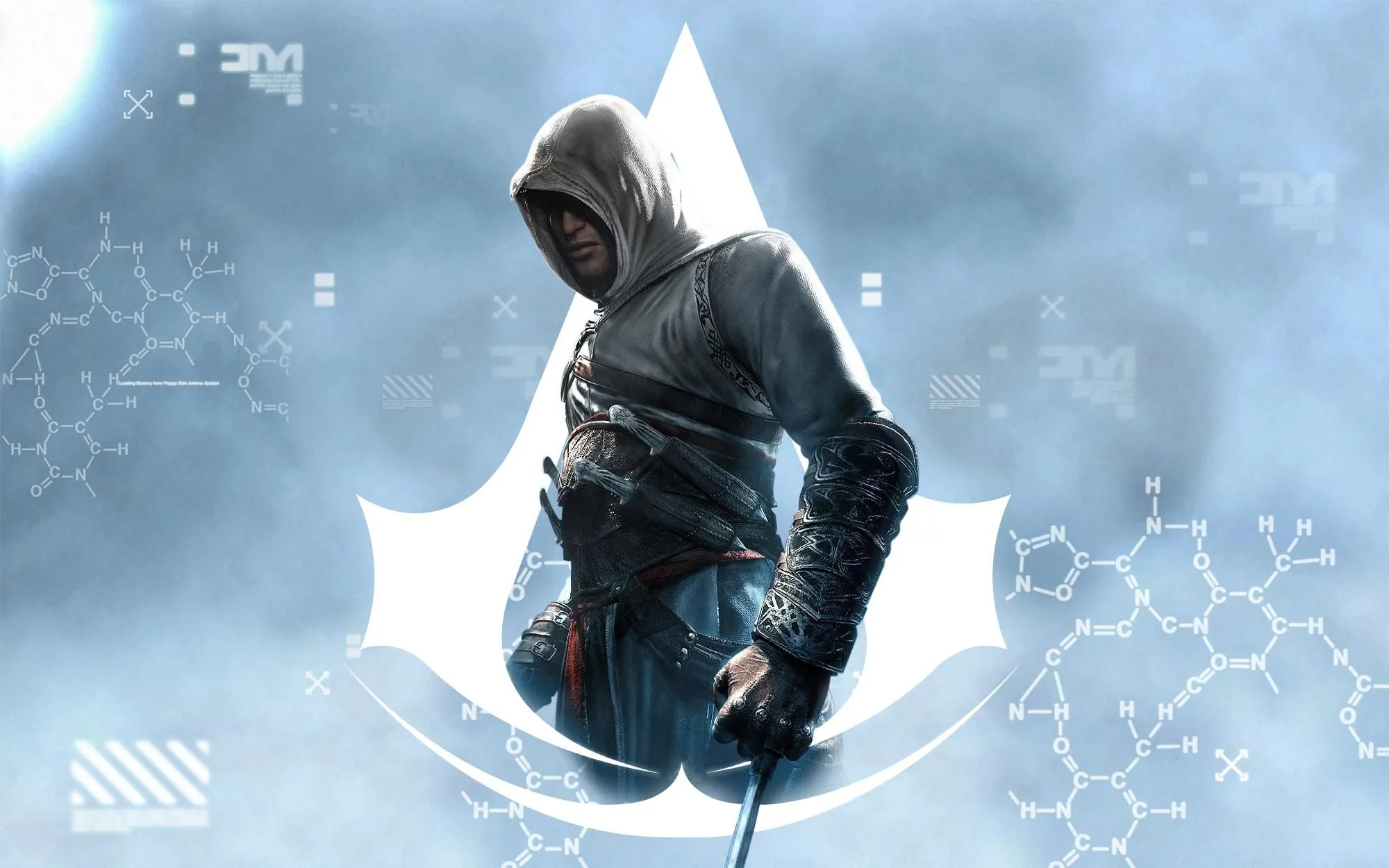Altaïr Ibn-La'Ahad với áo choàng trắng quen thuộc, đứng trên đỉnh tháp quan sát trong Assassin's Creed đầu tiên