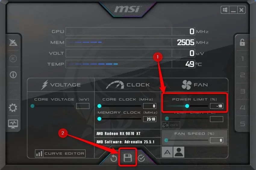 Ảnh chụp màn hình hiển thị cách giới hạn công suất GPU trong MSI Afterburner.