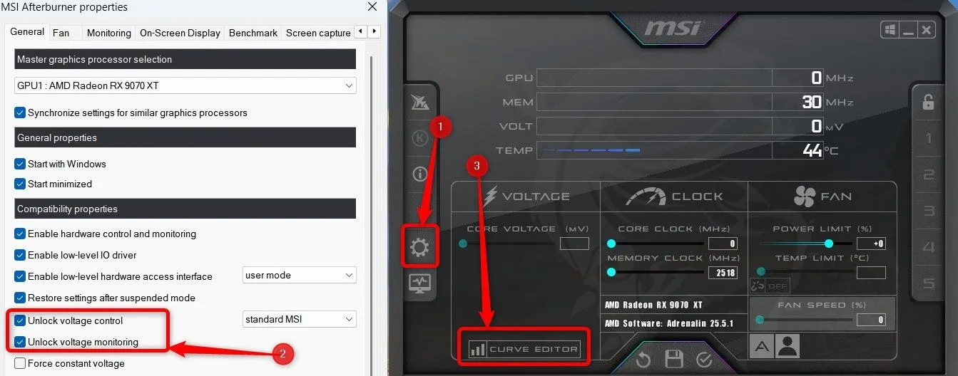 Ảnh chụp màn hình hiển thị menu tùy chọn của MSI Afterburner.