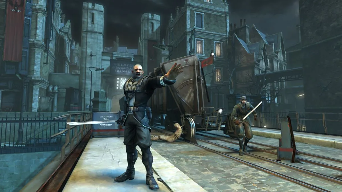 Ảnh chụp màn hình quảng cáo của Dishonored, cho thấy một con phố tăm tối, u ám với kiến trúc gothic.