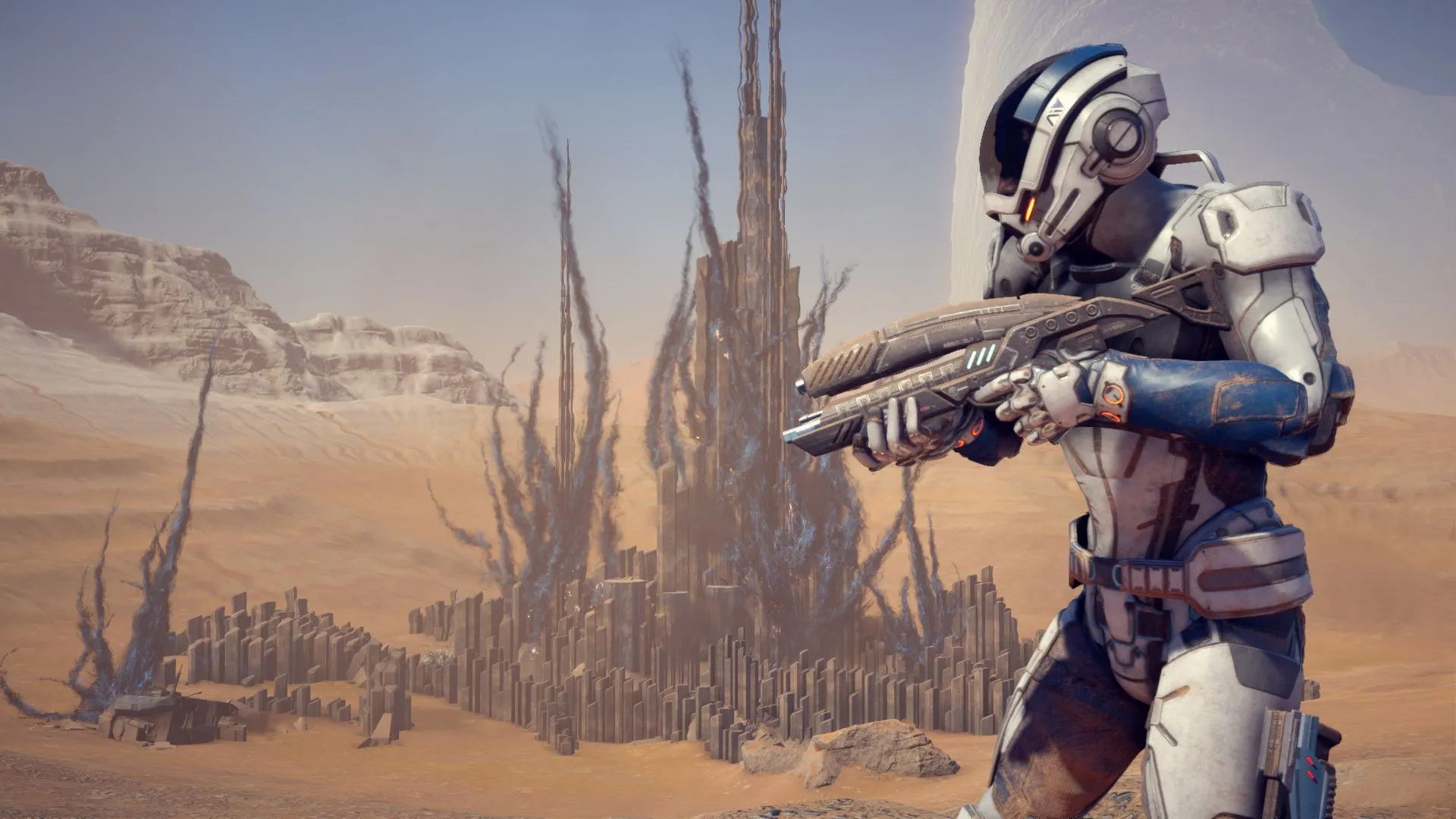 Ảnh chụp màn hình quảng cáo từ game Mass Effect: Andromeda, với một nhóm nhân vật khám phá một hành tinh lạ.