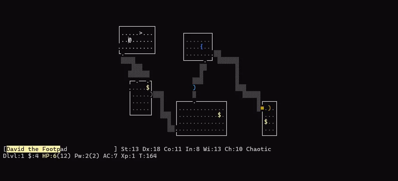 Ảnh chụp màn hình trò chơi NetHack, một game roguelike cổ điển với giao diện người dùng văn bản (TUI) sử dụng ký tự ASCII để mô tả dungeon và nhân vật.