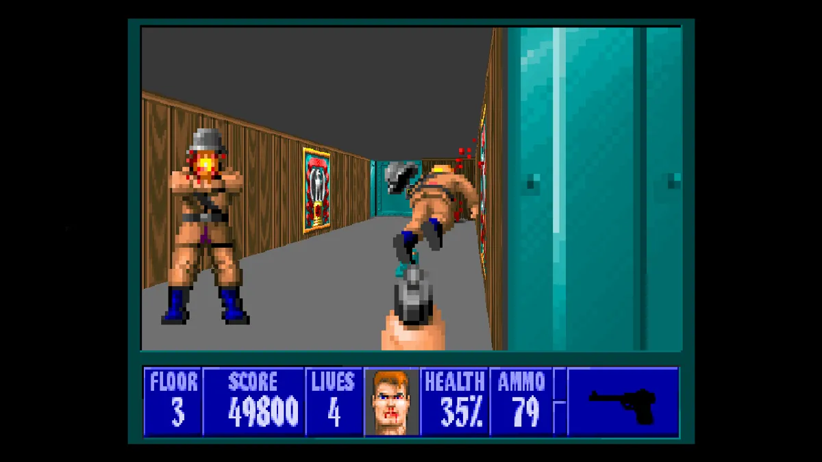 Ảnh chụp màn hình từ game Wolfenstein 3D, hiển thị nhân vật chính cầm súng chiến đấu với quân lính Đức Quốc Xã trong một hành lang.