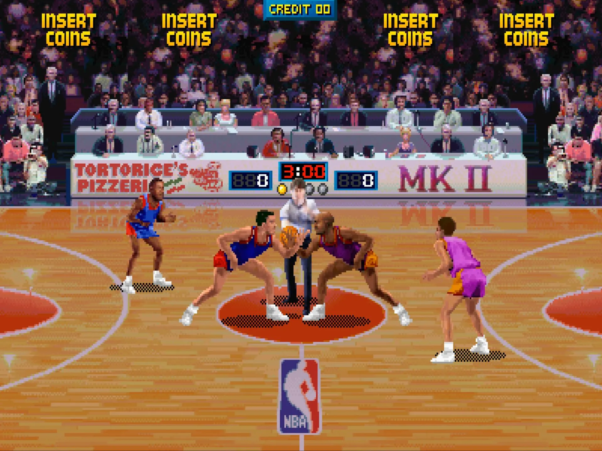 Ảnh chụp màn hình từ NBA Jam, minh họa phong cách gameplay thể thao arcade phóng khoáng.