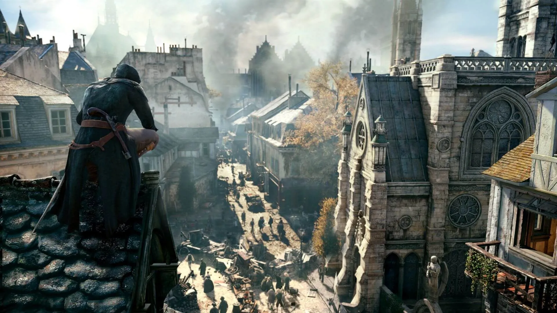 Arno Dorian đứng trên nóc nhà cao tầng của Paris thời Cách mạng Pháp trong Assassin's Creed Unity