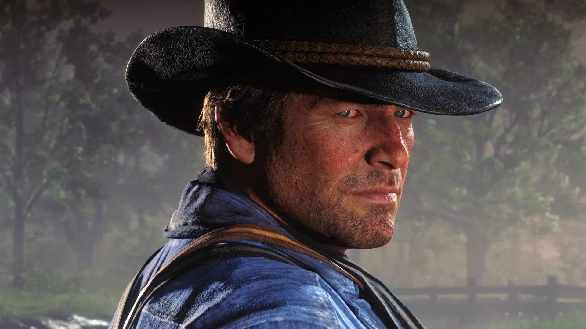 Arthur Morgan ngoái nhìn qua vai trong Red Dead Redemption 2