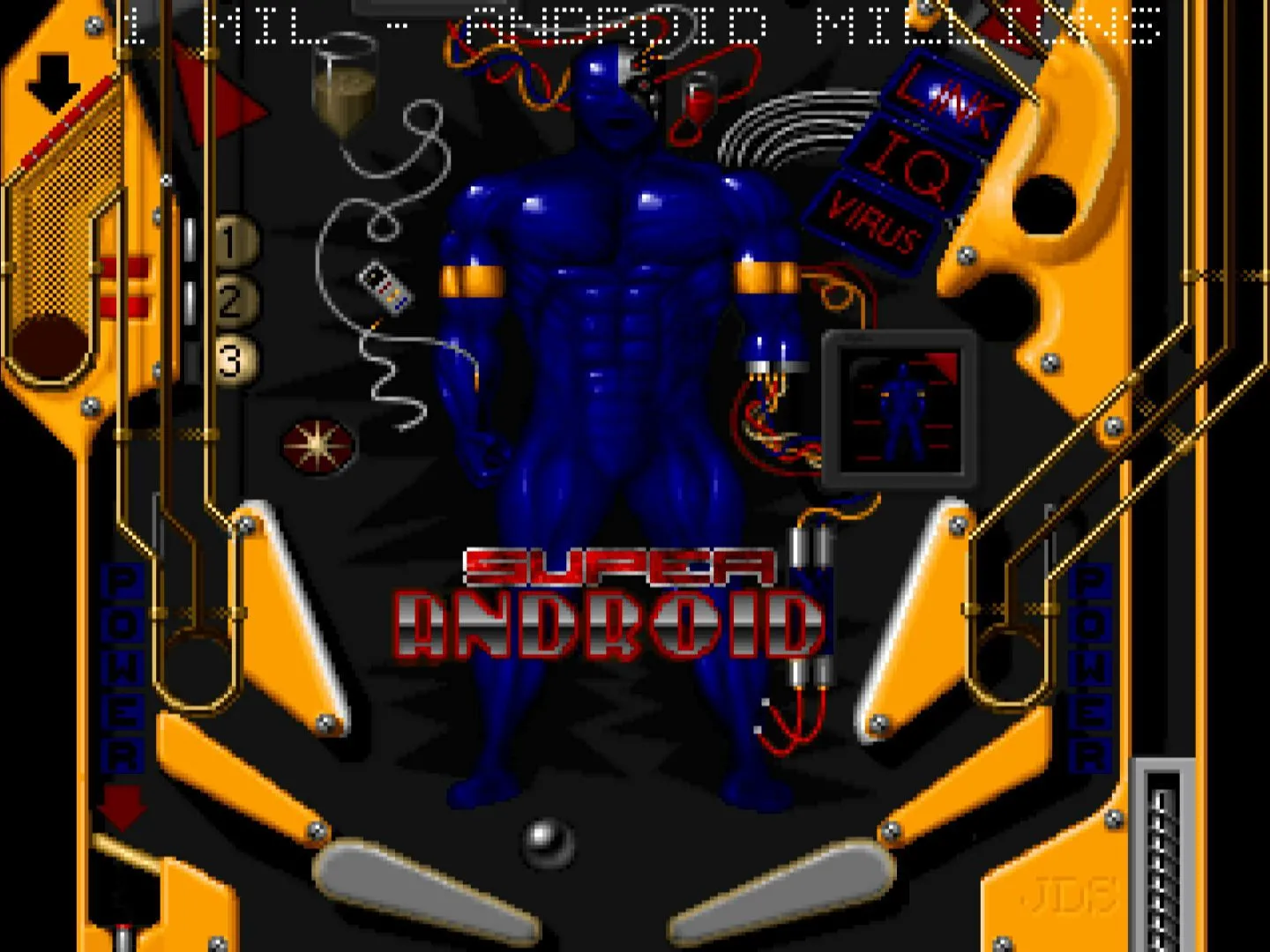 Bàn chơi Super Android trong game Epic Pinball với đồ họa chi tiết và quả bóng bay trên bảng.