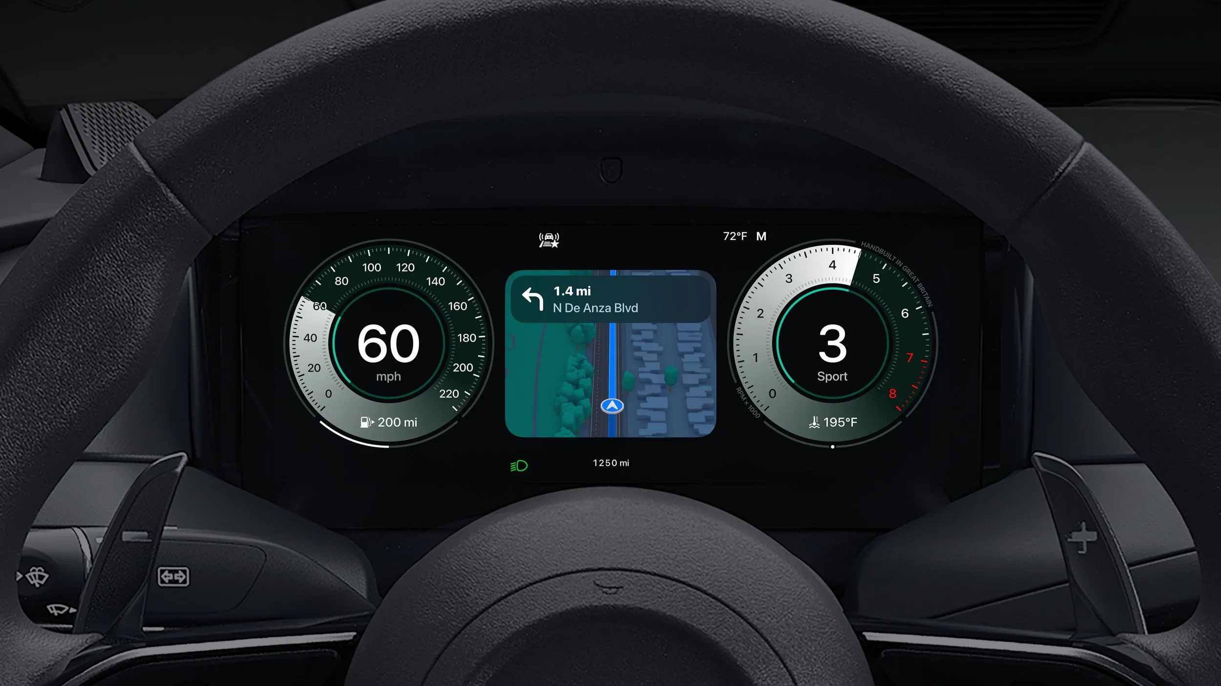 Bản đồ điều hướng chi tiết của CarPlay Ultra được hiển thị trực tiếp trên cụm đồng hồ kỹ thuật số, bên cạnh thông tin tốc độ.