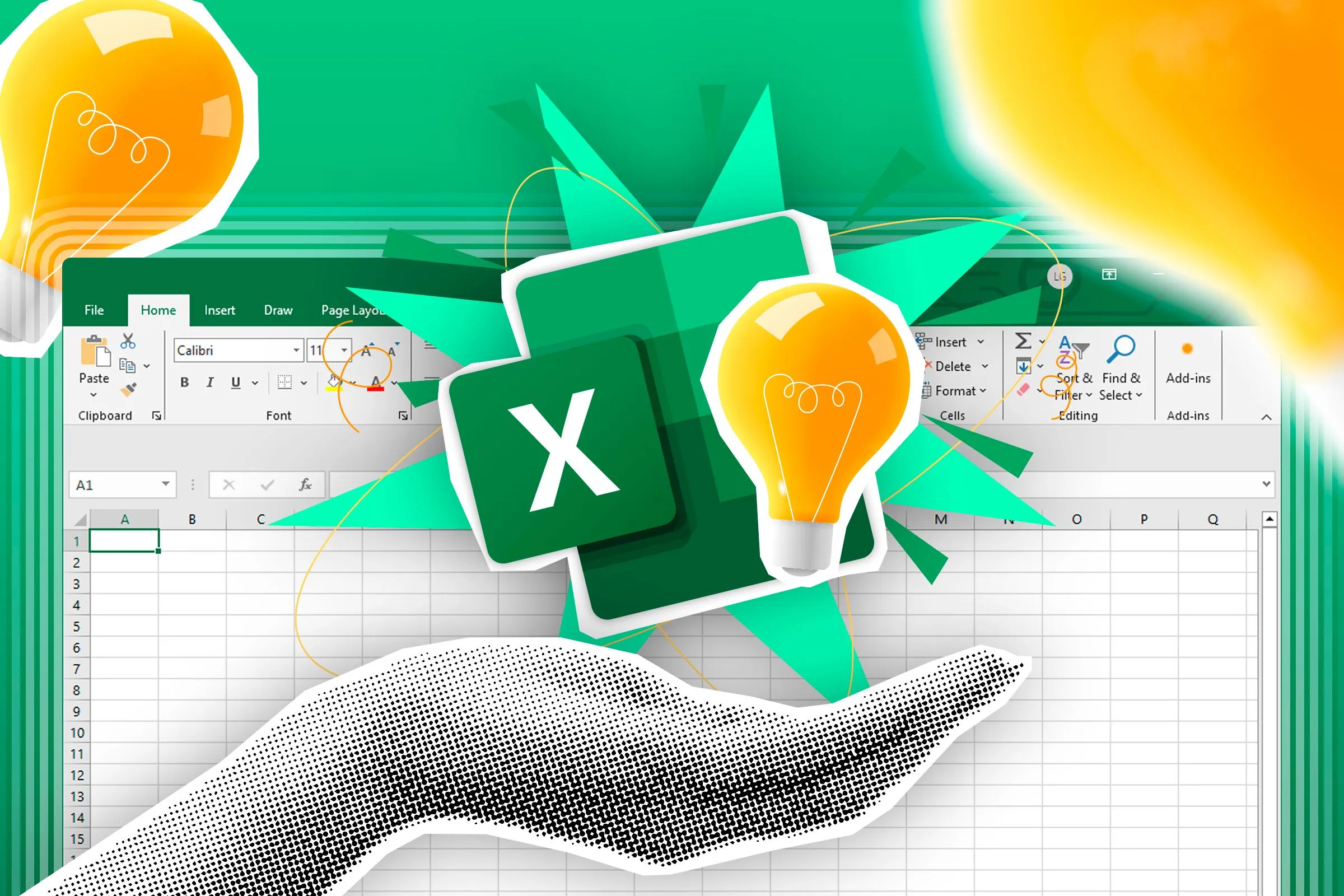 Bàn tay với logo Excel và bóng đèn phát sáng trên nền bảng tính, tượng trưng cho giải pháp thông minh trong Excel.