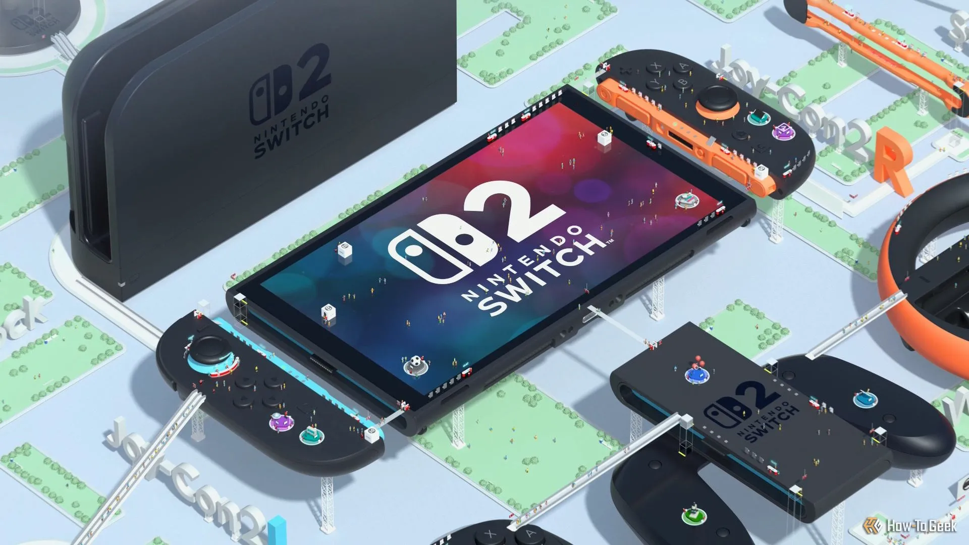 Bảng điều khiển Nintendo Switch 2, dock và phụ kiện trong video giới thiệu Welcome Tour.