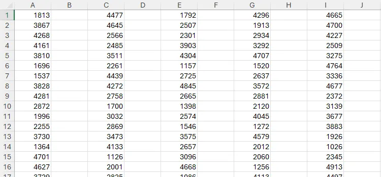 Bảng tính Excel có các cột trống xen kẽ giữa các cột dữ liệu
